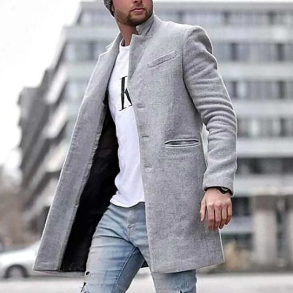 Casual Light Gray Lapel Collar Men's Overcoat - Picture 1 of 7